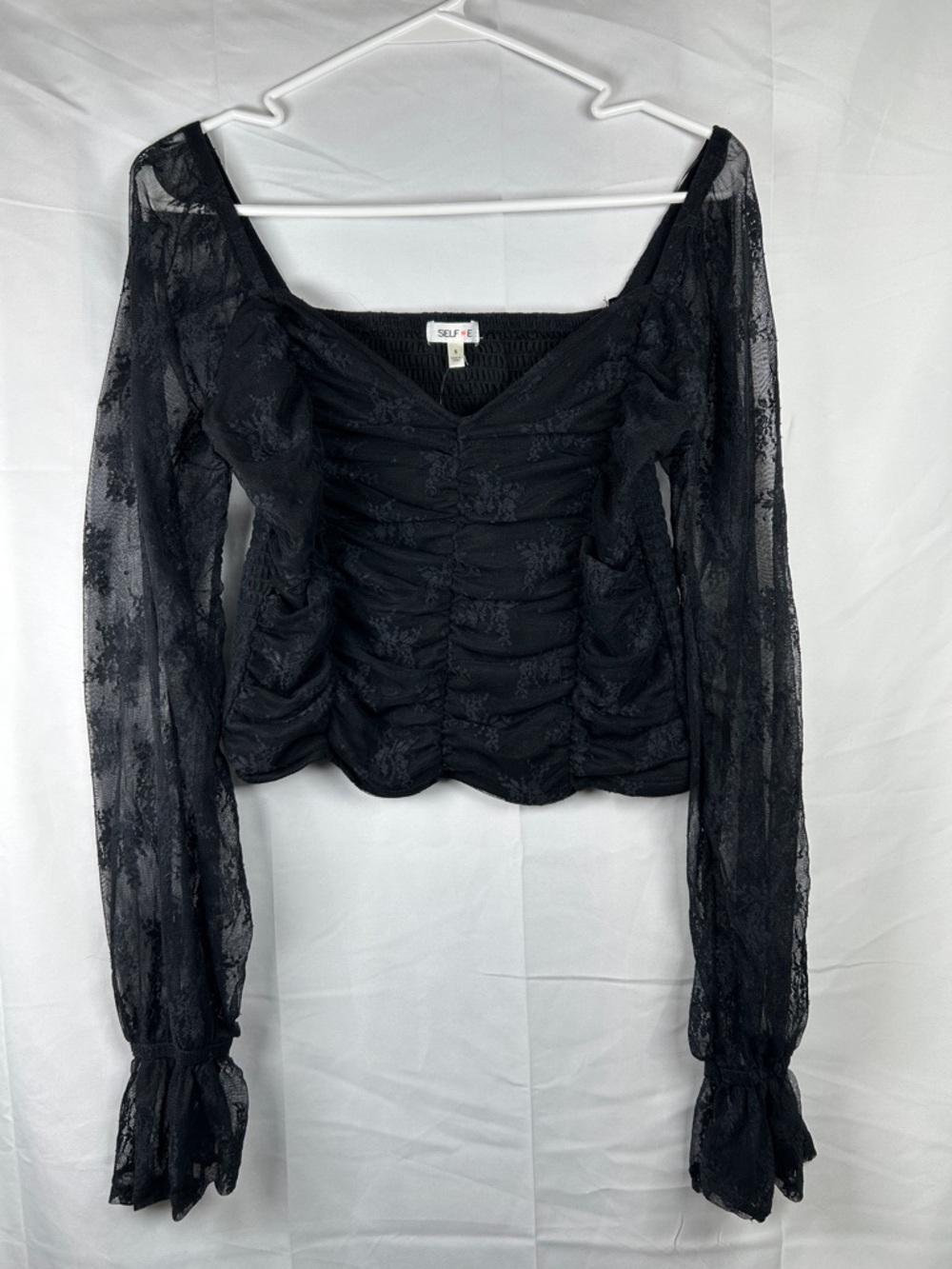 Self Esteem Lace Shirred Crop Top Juniors Small Black Blouson Sleeve